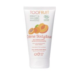 TOOFRUIT Bodydoux ekologiškas turtingas maitinamasis kūno pienelis vaikams su abrikosų aliejumi ir sviestmedžio sviestu, 150 ml