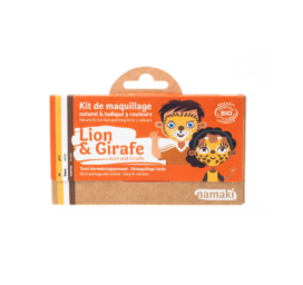 NAMAKI hipoalerginių veido dažų rinkinys su geltona, ruda ir balta spalvomis pagamintas iš natūralių ingredientų: liūtas ir žirafa