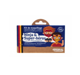 NAMAKI natūralių ingredientų hipoalerginis veido dažymo rinkinys su geltonos, raudonos ir juodos spalvos dažais: ninzė ir superherojus