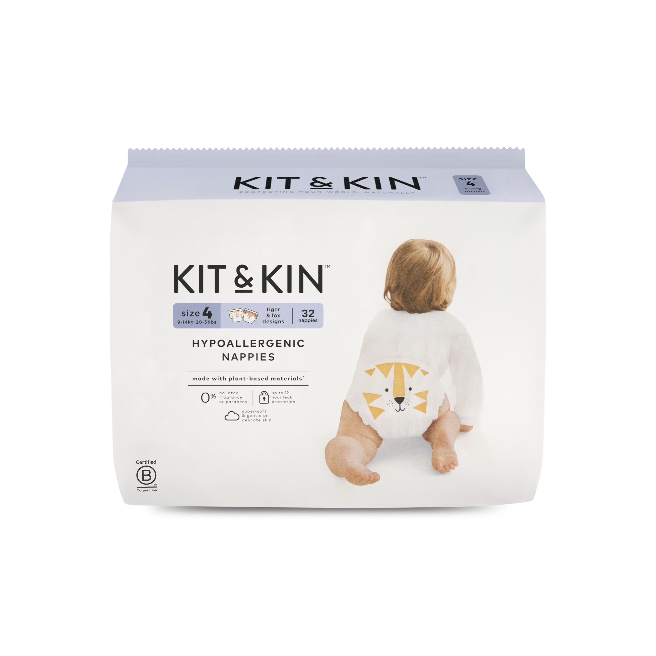 KIT and KIN hipoalerginės latekso ir chloro neturinčios lipnios sauskelnės su tigro ir lapės dizainu, dydis 4 (9-14 kg), 32 vnt.