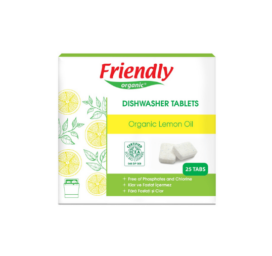 FRIENDLY ORGANIC indaplovių tabletės be fosfatų ir chloro su ekologišku citrinų aliejumi, 25 vnt