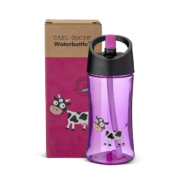 CARL OSCAR 0,35 litro cheminėmis medžiagomis neapdorotas vaikų gėrimo butelis su šiaudeliu, karvės motyvas