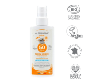 ALPHANOVA SUN ekologiškas, bekvapis SPF50 mineralinis atsparus vandeniui purškiamas kremas nuo saulės kūdikiams nuo 0+ mėnesių, 125 ML