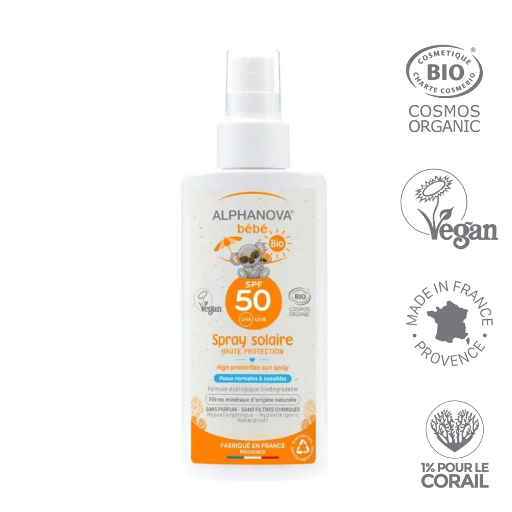 ALPHANOVA SUN ekologiškas, bekvapis SPF50 mineralinis atsparus vandeniui purškiamas kremas nuo saulės kūdikiams nuo 0+ mėnesių, 125 ML
