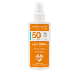 ALPHANOVA SUN SPF50 ekologiškas monoi kvapo atsparus vandeniui apsauginis purškiklis nuo saulės su mineraliniais filtrais, 125 ml