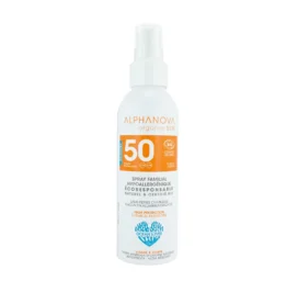 ALPHANOVA SUN SPF50 PURŠKIKLIS organiško kokoso kvapo atsparus vandeniui mineralinis apsauginis kremas nuo saulės visai šeimai, 150 ml