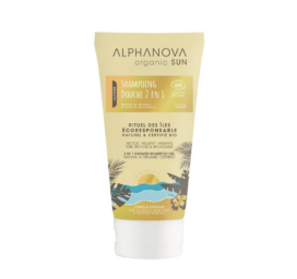 ALPHANOVA SUN 2in1 Monoi kvapo po saulės šampūnas ir dušo gelis, rūpinantis plaukais ir kūnu, 150 ml