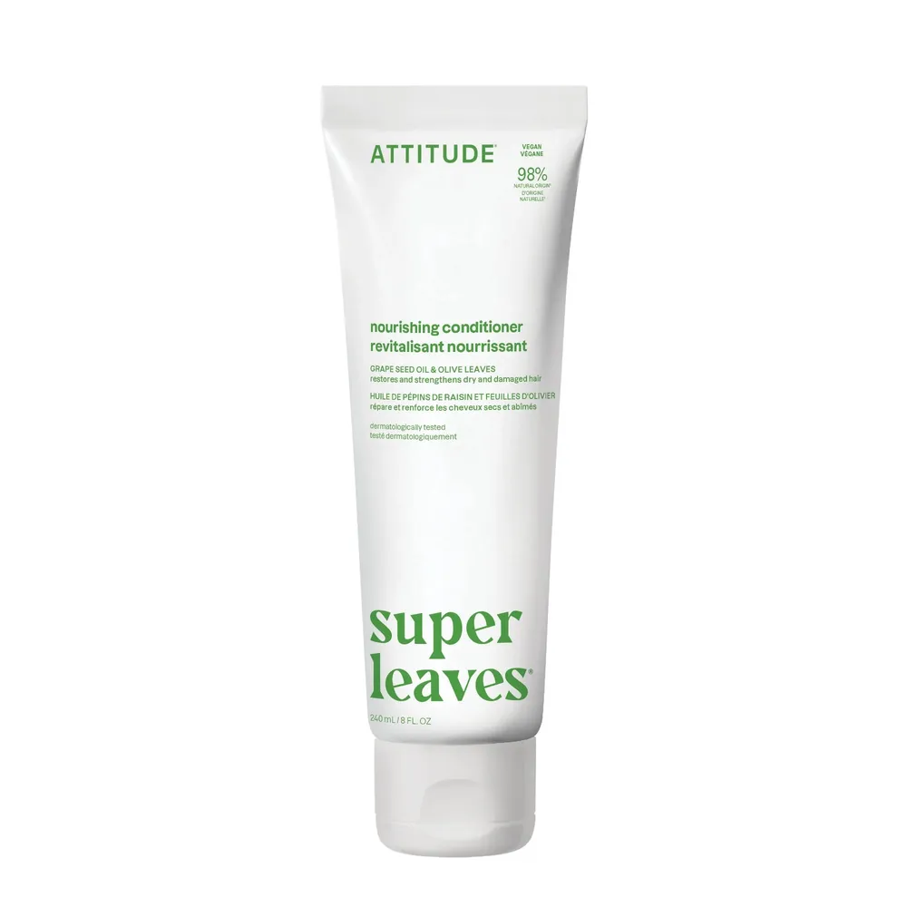 „Attitude Super Leaves“ atkuriamasis kondicionierius sausiems / pažeistiems plaukams su alyvuogių ir vynuogių kauliukų aliejumi, 240 ml