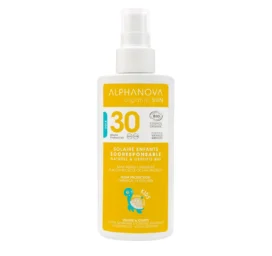 ALPHANOVA SUN ekologiškas vanilės-abrikosų kvapo vandeniui atsparus vaikiškas mineralinis saulės kremas SPF30, 125 ml