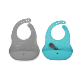 BBLÜV Pöket silikoninis seilinukas su dviem kišenėmis + šaukštas, spalva Akva/Pilka