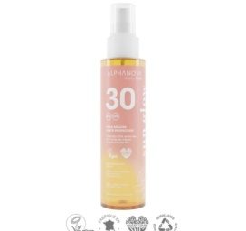 ALPHANOVA DAILY SUN SPF30 atsparus vandeniui purškiamas įdegio aliejus su aviečių sėklų ir simondsijų aliejumi su monoi aromatu, 125 ML