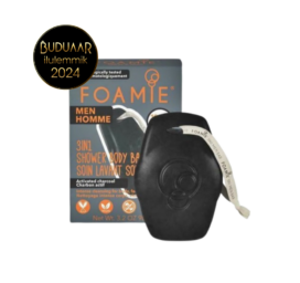 FOAMIE 3in1 kietas muilas-šampūnas-dušo gelis vyrams su anglimis ir kakavos sviestu What a man, 90 g
