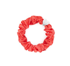 BYELOISE oranžinės spalvos šilkinė plaukų gumelė su sidabrine širdimi NEON PEACH