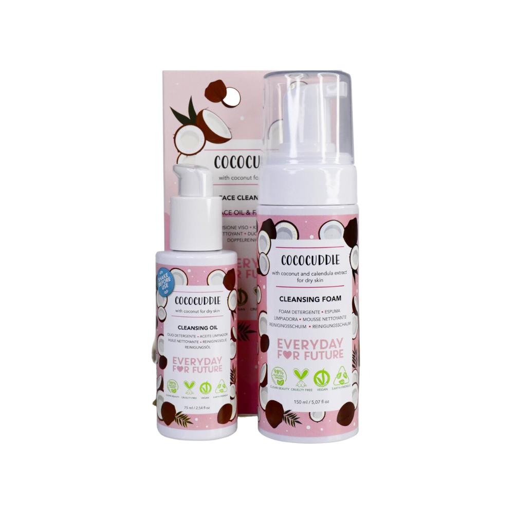 EVERYDAY FOR FUTURE maitinamoji, drėkinamoji ir raminanti veido prausimosi putos ir veido priežiūros aliejaus rinkinys Cococuddle, 150 ir 75 ml
