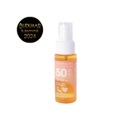 ALPHANOVA DAILY SUN SPF50 vandeniui atspari purškiama soliariumo alyva su aviečių sėklų aliejumi ir simondsijų aliejumi su monoi kvapu, 50 ml kelioninio dydžio