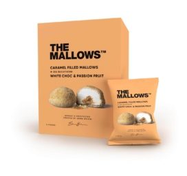 THE MALLOWS zefyrai su karamelės įdaru, padengti baltuoju šokoladu, pasiflorais ir šaltalankiais, 5x11g