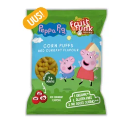 FRUITFUNK Peppa gliuteno neturintys kukurūzų lazdelės su vitaminu B1, ekologiško raudonojo serbento skonio, nuo 7+ mėn.