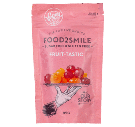 FOOD2SMILE Fruit-tastic vaisių saldainiai be cukraus su apelsinų ir vyšnių skoniu, 85g