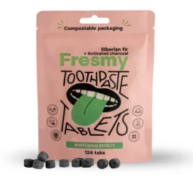 FRESMY Sibirinės eglės ir aktyvintos anglies dantų pastos tabletės popierinėje pakuotėje, 124 vnt.