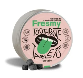 FRESMY Sibiro eglės ir aktyvintos anglies dantų pastos tabletės aliuminio indelyje, 30 vnt.