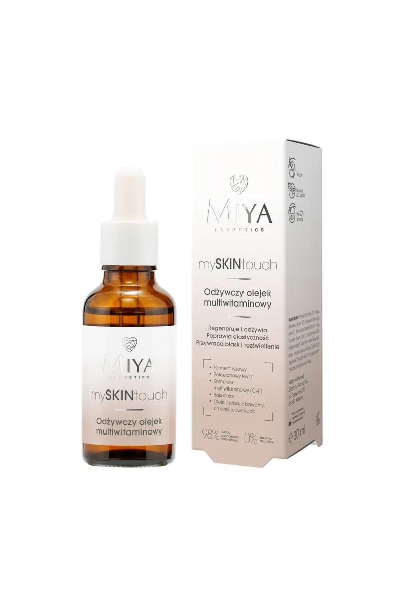 MIYA mySKINtouch maitinamasis multivitaminų veido aliejus su ryžių fermentu ir bakuchioliu, 30 ml