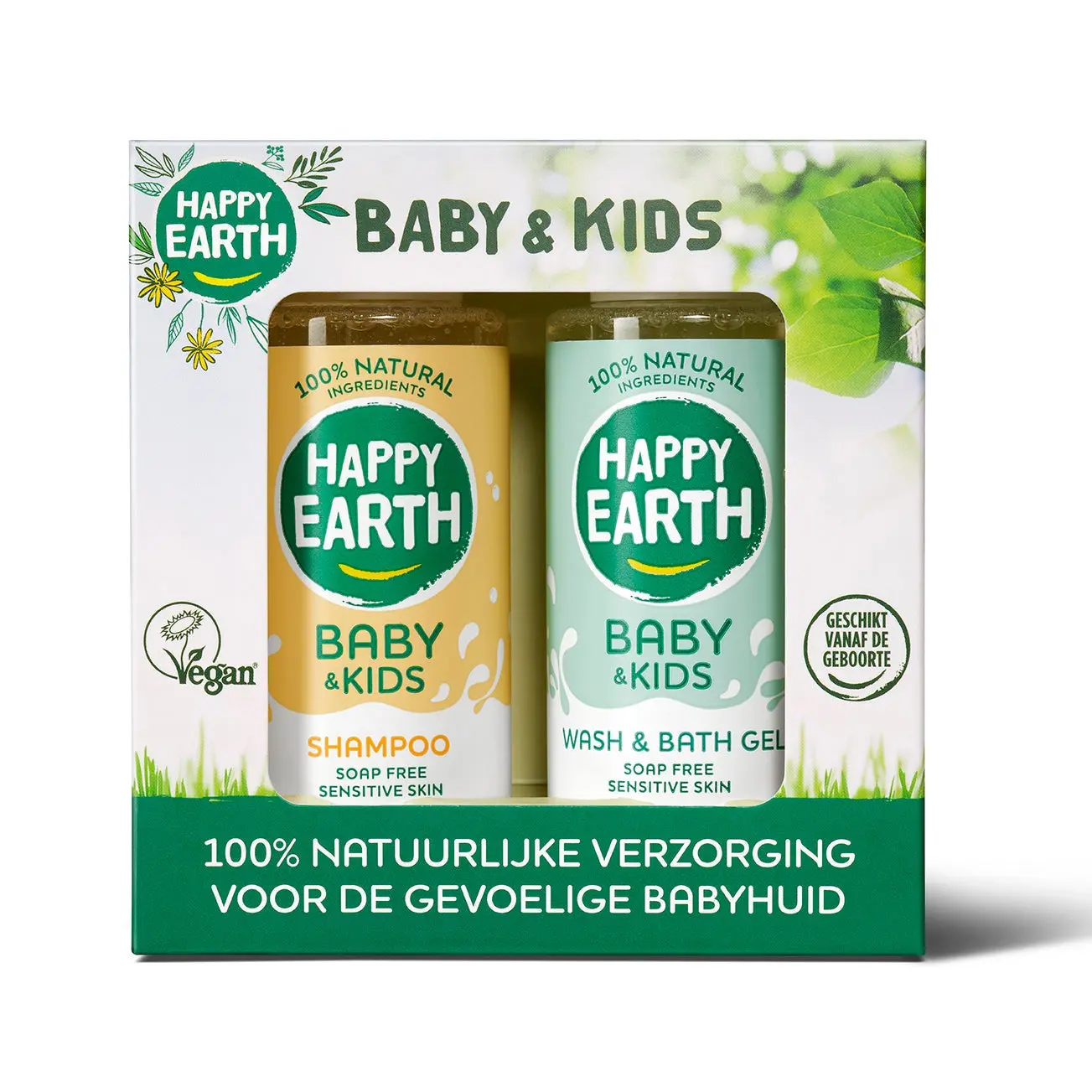 Happy Earth Baby & Kids pradinis rinkinys su kūdikių šampūnu ir vonios geliu, 2x100 ml