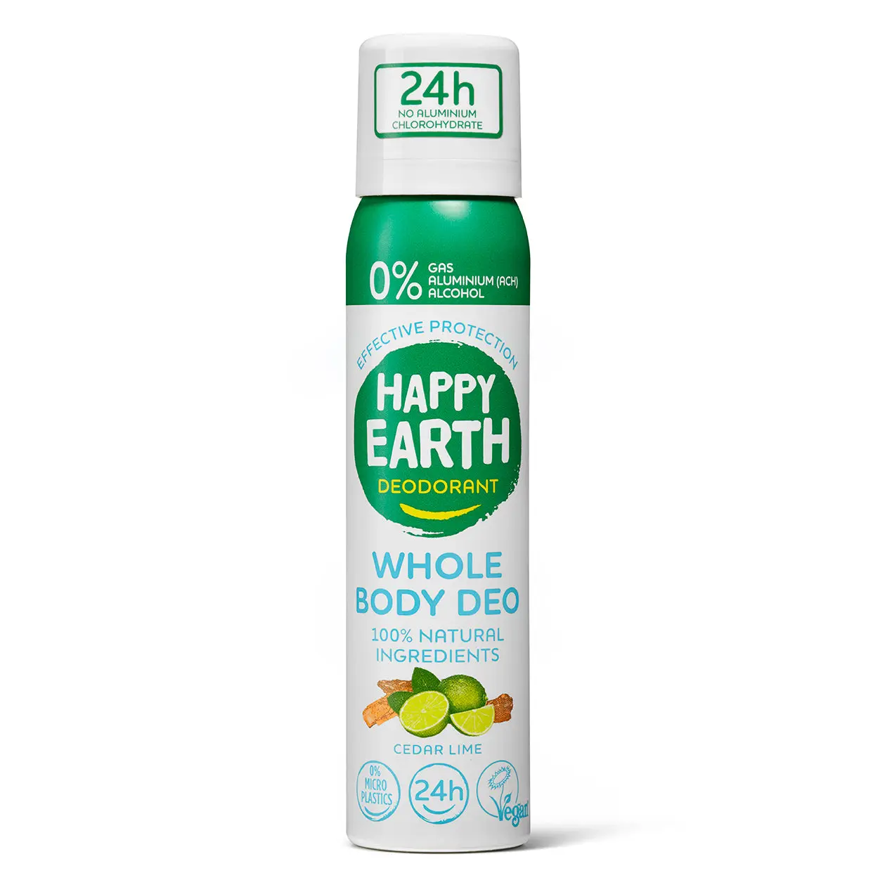 Happy Earth 100% natūralus ir odai draugiškas viso kūno purškiklis Kedras ir Limetas, 100 ml