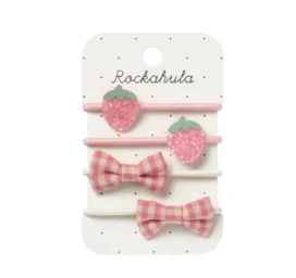 ROCKAHULA vaikiškos plaukų gumelės su braškėmis ir kaspinėliais Strawberry Fields, 4 vnt.