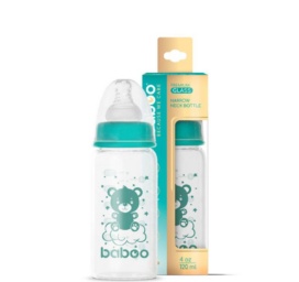 BABOO antikolinis siaurakaklis maitinimo buteliukas iš borosilikatinio stiklo, nuo 0+ mėn., 120 ml