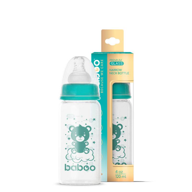 BABOO antikolinis siaurakaklis maitinimo buteliukas iš borosilikatinio stiklo, nuo 0+ mėn., 120 ml