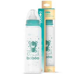 BABOO® antikolikinis maitinimo buteliukas iš borosilikatinio stiklo siauru kakleliu su medicininio silikono žinduku, nuo 3 mėn., 240 ml