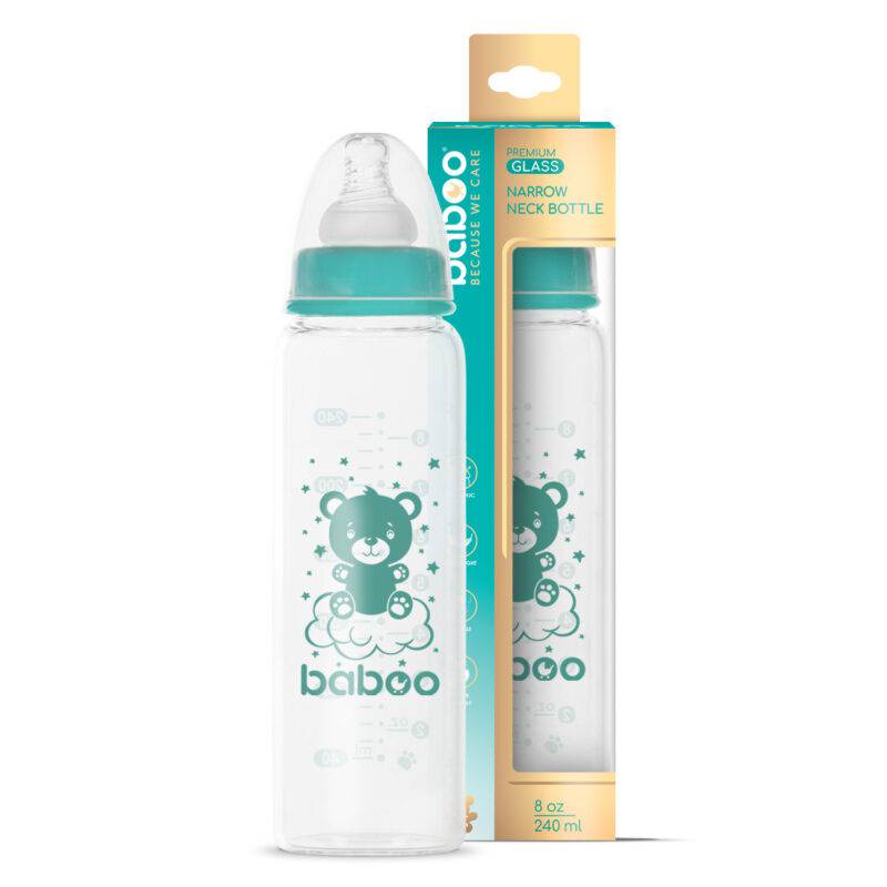 BABOO® antikolikinis maitinimo buteliukas iš borosilikatinio stiklo siauru kakleliu su medicininio silikono žinduku, nuo 3 mėn., 240 ml