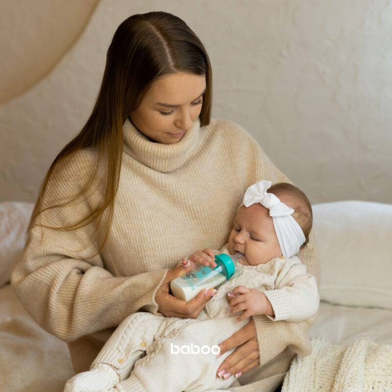 BABOO® antikolikinis maitinimo buteliukas iš borosilikatinio stiklo siauru kakleliu su medicininio silikono žinduku, nuo 3 mėn., 240 ml - Image 2