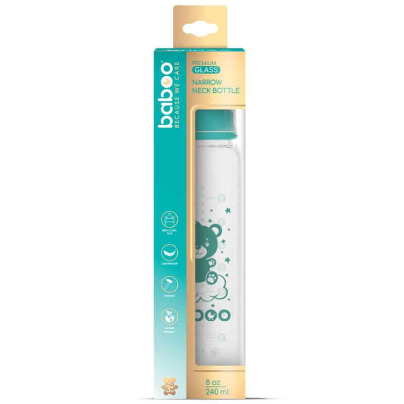 BABOO® antikolikinis maitinimo buteliukas iš borosilikatinio stiklo siauru kakleliu su medicininio silikono žinduku, nuo 3 mėn., 240 ml - Image 7