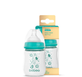 BABOO antikolikinis plataus kaklelio maitinimo buteliukas iš borosilikatinio stiklo nuo 0+ mėn., 150 ml