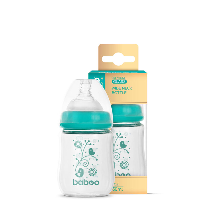 BABOO antikolikinis plataus kaklelio maitinimo buteliukas iš borosilikatinio stiklo nuo 0+ mėn., 150 ml