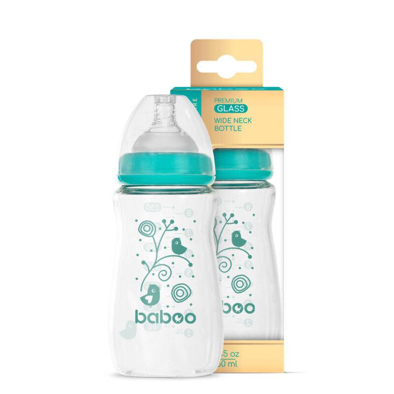 BABOO® antikolikinis maitinimo buteliukas iš borosilikatinio stiklo plačiu kakleliu ir medicininio silikono žinduku, nuo 3 mėn., 250 ml