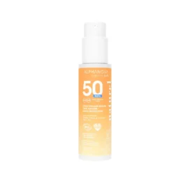 ALPHANOVA 100% natūralus mineralinis filtras vaikams skirtas apsauginis kremas nuo saulės purškalo pavidalu jautriai odai su vaniliniu pieno kokteilio aromatu SPF50, 100g