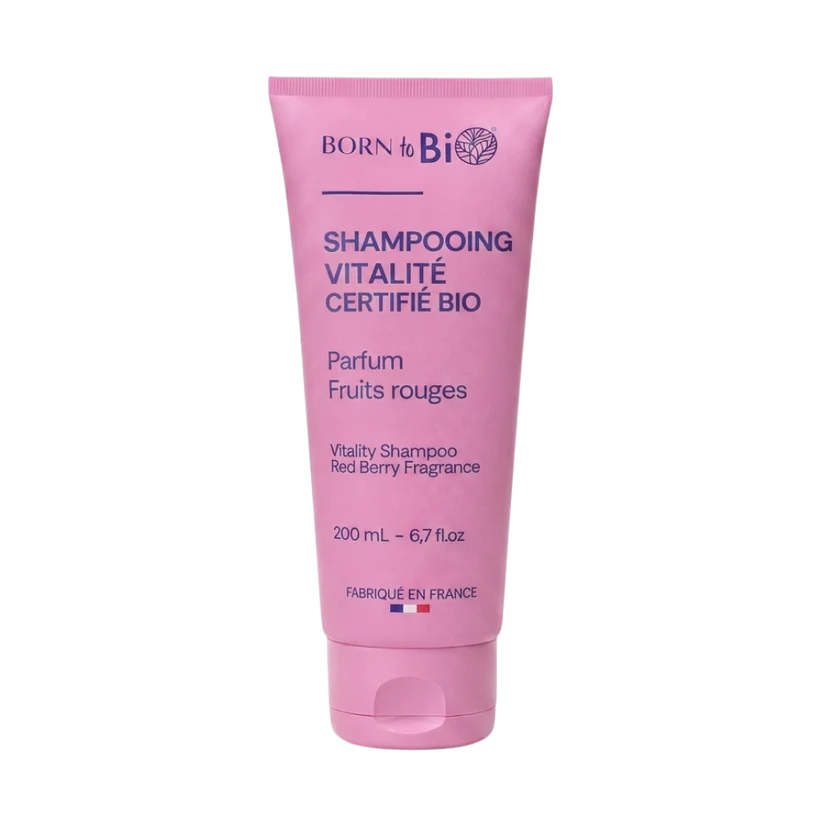 BORN TO BIO ekologiškas šviesinantis ir gyvybingumo suteikiantis šampūnas normaliems plaukams su avietėmis ir kokosų aliejumi, 200 ml