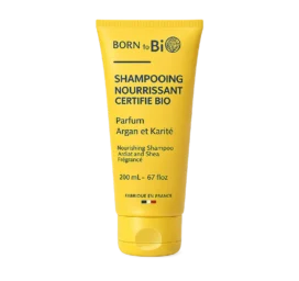 BORN TO BIO drėkinamasis ir maitinamasis šampūnas sausiems plaukams su taukmedžio sviestu ir arganų aliejumi, 200 ml
