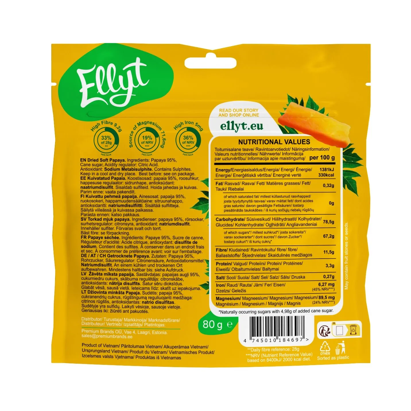 Ellyt džiovinta minkšta papaja, 80 g - Image 2