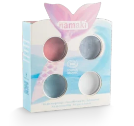 NAMAKI BIO veido dažų rinkinys: rožinė, šviesiai mėlyna, sidabrinė, balta ir laikinos tatuiruotės, Undinėlė