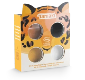 NAMAKI BIO veido dažų rinkinys: juoda, oranžinė, auksinė geltona, balta ir laikinos tatuiruotės, gyvūnai