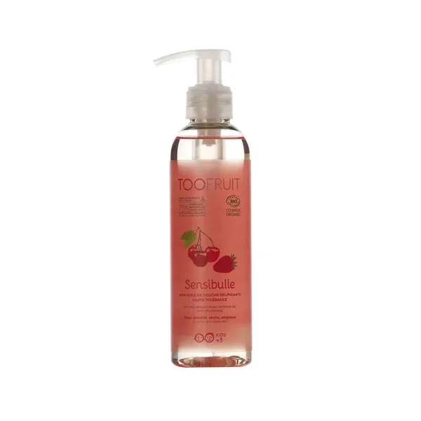TOOFRUIT „Sensibulle“ ekologiškas lipidus atkuriantis dušo aliejus su braškėmis ir vyšniomis, 200 ml