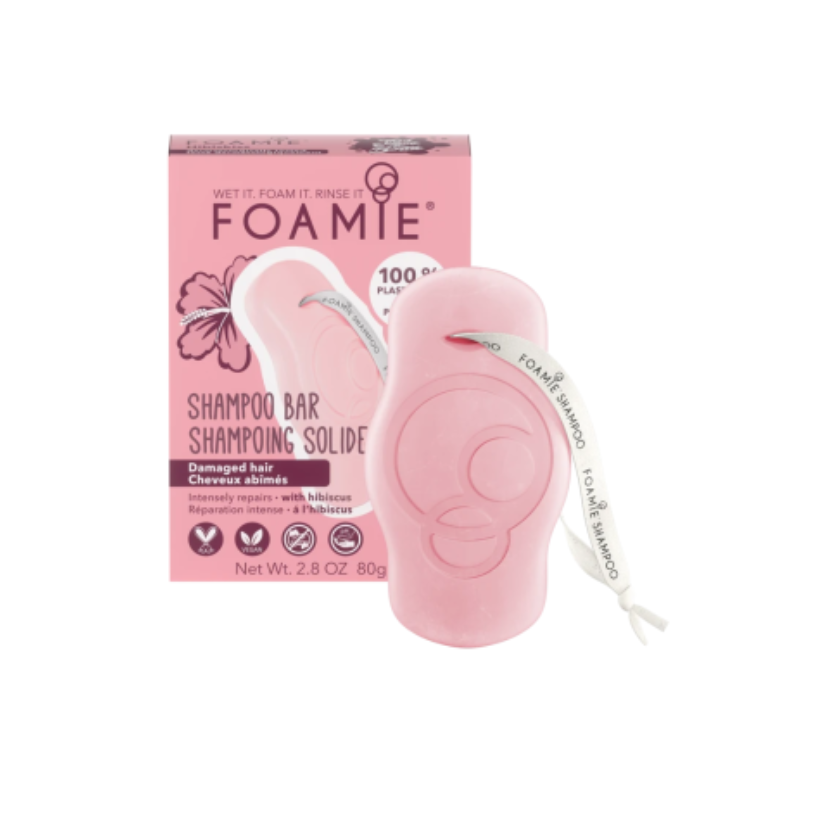 FOAMIE Hibiskiss kietasis šampūnas pažeistiems plaukams su hibisko žiedais ir dilgėlių ekstraktu, 80 g