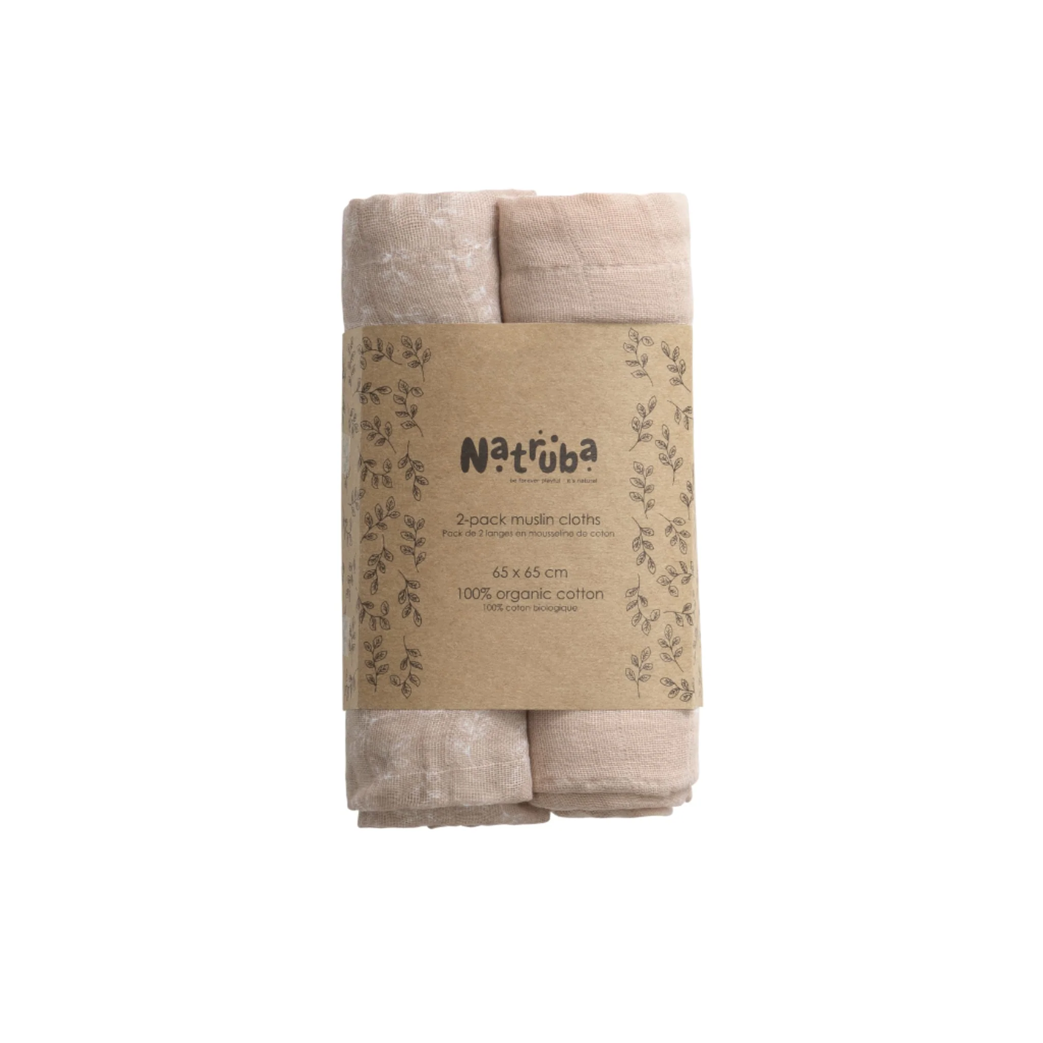 NATRUBA itin minkšti ekologiškos medvilnės muslino vystyklai, 2 vnt. pakuotėje, spalva Powder, 65*65 cm
