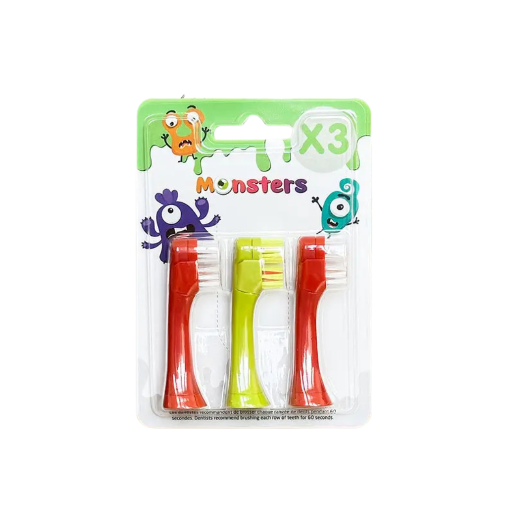 LES BABYGATORS Monsters keičiamosios šepetėlio galvutės elektriniam dantų šepetėliui, 3 vnt.