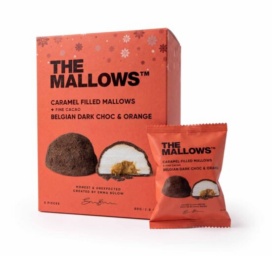THE MALLOWS zefyrai su karamelės įdaru, juoduoju šokoladu ir apelsinais, 5 vnt.