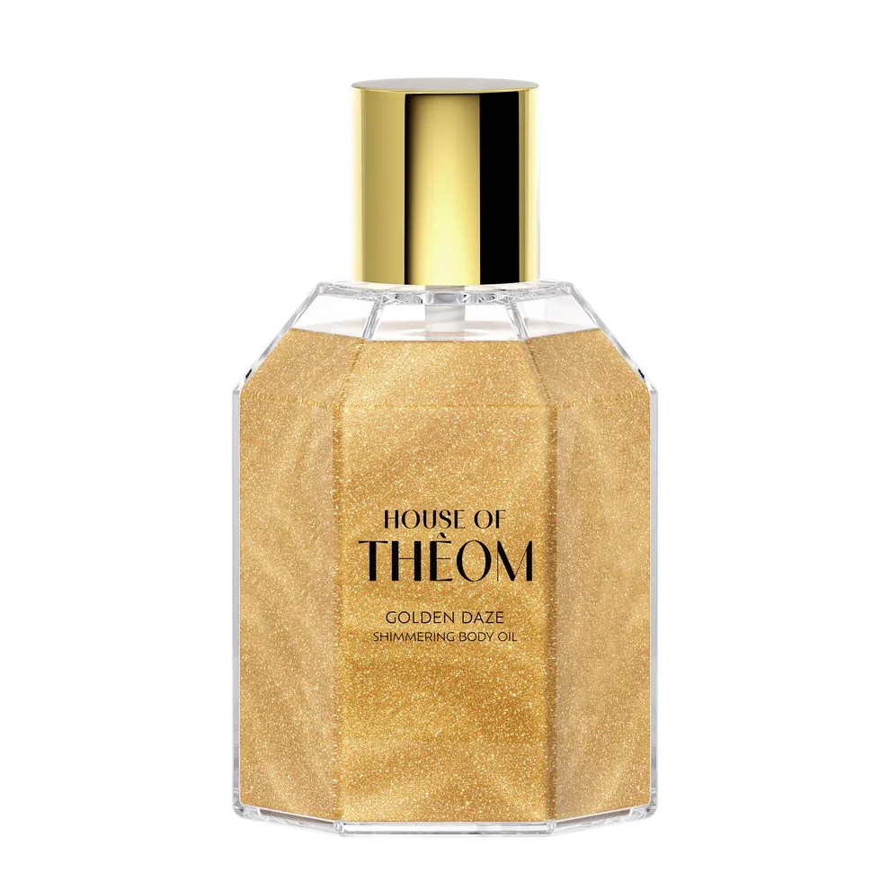 HOUSE OF THEOM Golden Daze kūno aliejus su žvilgančiomis dalelėmis, migdolų ir vynuogių kauliukų aliejus, 80 ml