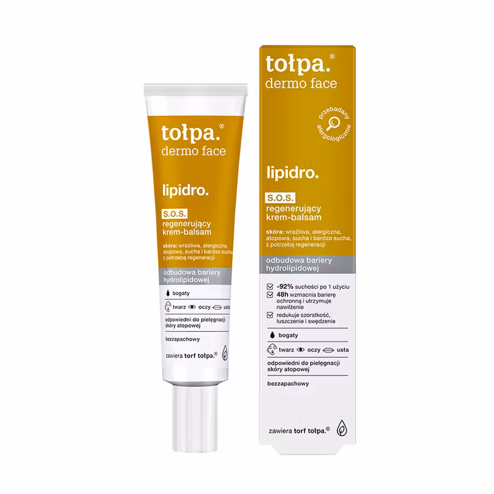 TOŁPA Lipidro S.O.S. atkuriamasis veido kremo-balzamas sausai ir jautriai odai su babasu aliejumi, 40 ml